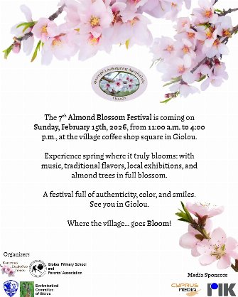 Афиша Фестиваля цветения миндаля в деревне Гиолу рядом с Пафосом, 15 февраля 2026