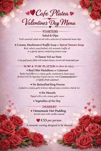 Valentine’s Day Special Menu в Cafe Platea